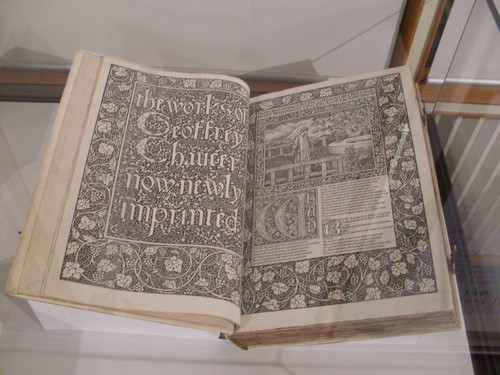 The Kelmscott Press, Hammersmith 1896. Geoffrey Chaucer d.1400, The works of Geoffrey Chaucer, edited by F S Ellis, pictures by Sir Edward Burne Jones, engraved on wood by W H Hooper. 425 copies. 425x285. Collection Baillieu Library, University of Melbourne. Purchased with funds from the Freinds of the Baillieu Library, the Library Endowment Fund, and the Ivy may Pendlebury Bequest.