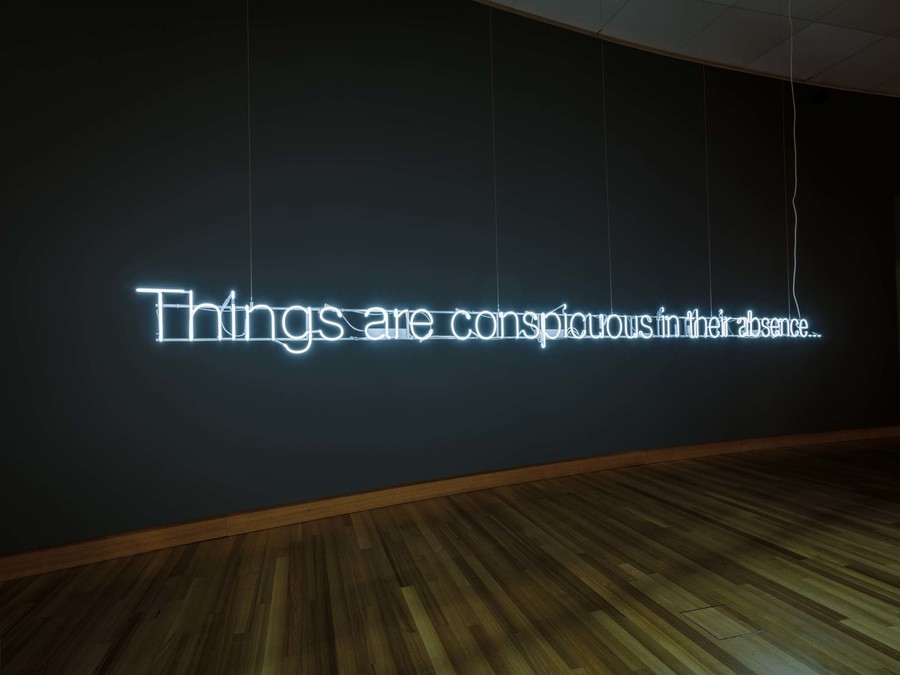 Cerith Wyn Evans Things are conspicuous in their absence... 2012. Neon. Acquired by Christchurch Art Gallery Foundation 2018 to mark the contribution of Jenny Harper on her retirement as director of Christchurch Art Gallery Te Puna o Waiwhetū. Purchase supported by Ros and Philip Burdon, the Philip Carter Family, Rob and Sue Gardiner and the Chartwell Trust, Dame Jenny Gibbs, June Goldstein, Sonja and Glenn Hawkins, Julianne Liebeck, Stephen and Charlotte Montgomery, Jenny and Andrew Smith, Mike and Sue Stenhouse, Gabrielle Tasman, two anonymous donors, and a collective gift from the staff of Christchurch Art Gallery and Brown Bread.