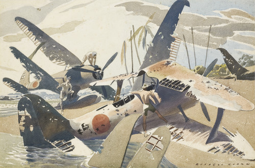 Russell Clark, New Zealand, 1905-1966. Japanese Planes, Rekata Bay, Santa Isabel, 1945 (1945) watercolour. Collection Christchurch Art Gallery Te Puna o Waiwhetū. N Barrett Bequest Collection. Purchased 2010.