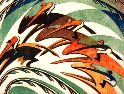 Sybil Andrews Racing 1934. Linocut. Collection of Christchurch Art Gallery Te Puna o Waiwhetū, gifted by Rex Nan Kivell 1953