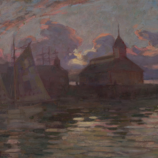 Archibald Nicoll Twilight Auckland Waterfront 1909. Oil on canvas board. Collection of Christchurch Art Gallery Te Puna o Waiwhetū, purchased 1984