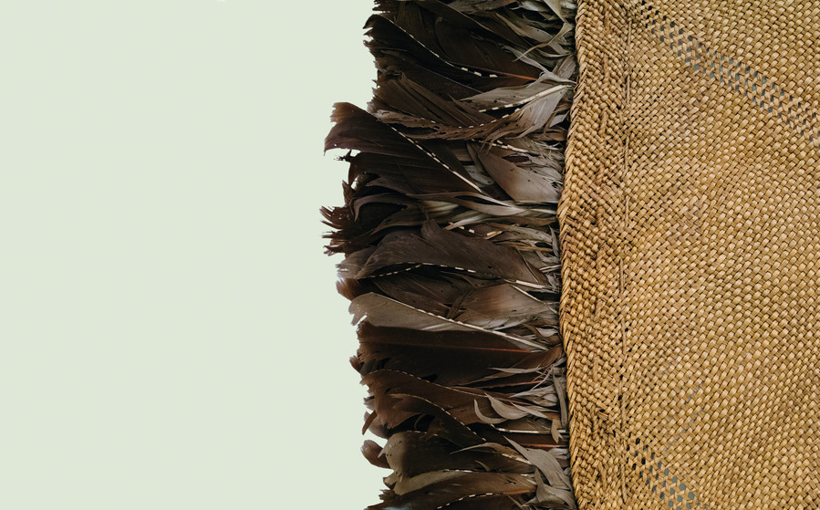 Makers unknown Te Rā [the sail] (detail) c. 1770–1800. Harakeke, kererū, kāhu and kākā feathers, dog skin. On loan from the Trustees of the British Museum. © The Whakaarahia anō te rā kaihau Te Rā Project. Photo: Cultural Heritage Imaging
