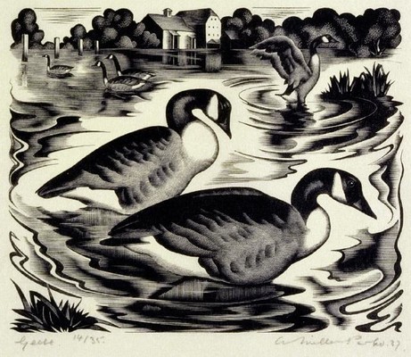 Agnes Miller Parker Geese 1937. Wood engraving. Collection of Christchurch Art Gallery Te Puna o Waiwhetū, presented by Mr Rex Nan Kivell, 1953. Reproduced with permission