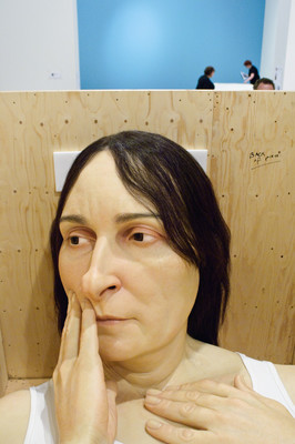 Ron Mueck's In bed being installed at Christchurch Art Gallery. Ron Mueck In bed 2005. Polyester resin, fibreglass, polyurethane, horse hair, cotton, second edition, ed. 1/1. Queensland Art Gallery, Brisbane, purchased, Queensland Art Gallery Foundation 2008. © Ron Mueck courtesy Anthony d'Offay, London