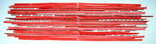 Michael Reed Binding statements 1999-2000. Cotton crepe bandages, some dyed red, with black silkscreen printing. Collection of Christchurch Art Gallery Te Puna o Waiwhetū, purchased 2000. Reproduced with permission