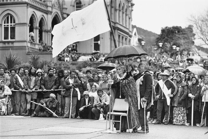 John Miller 1975 Māori Land March, Porirua to Wellington Motorway. Gelatin silver print. Collection of Christchurch Art Gallery Te Puna o Waiwhetū, purchased 2024