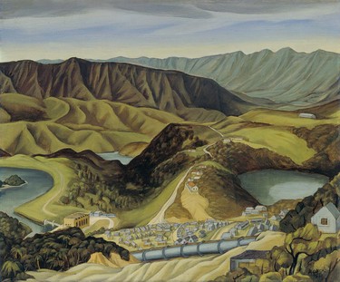 Doris Lusk Landscape, Overlooking Kaitawa, Waikaremoana 1948. Oil on board. Collection of Christchurch Art Gallery Te Puna o Waiwhetū, purchased 1955