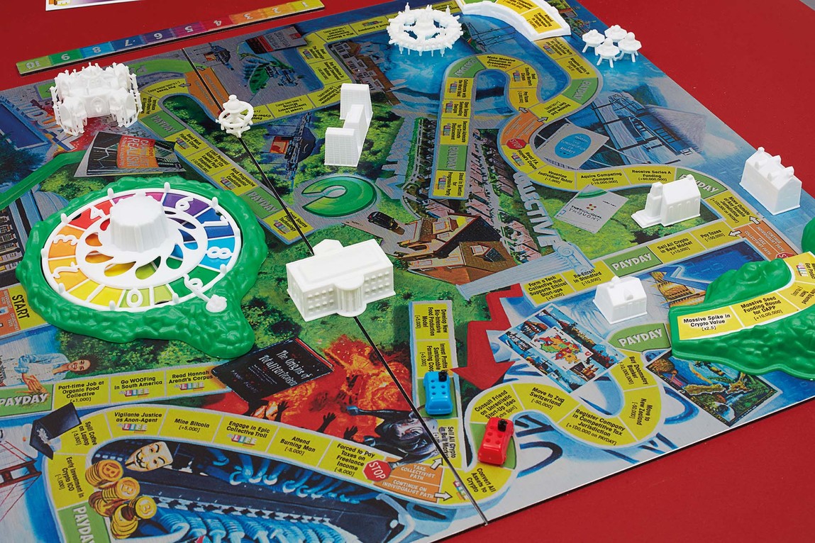 Simon Denny Game of Life: Collective vs Individual Board Game Display Prototype (detail) 2017. Mixed media. Private collection, Auckland