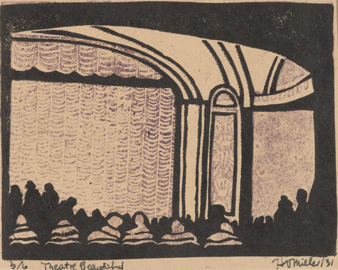 Harry Vye Miller Theatre Beautiful 1931. Linocut. Collection of Christchurch Art Gallery Te Puna o Waiwhetū, purchased 2019