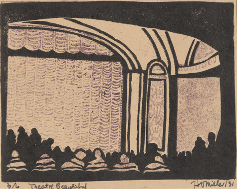 Harry Vye Miller Theatre Beautiful 1931. Linocut. Collection of Christchurch Art Gallery Te Puna o Waiwhetū, purchased 2019