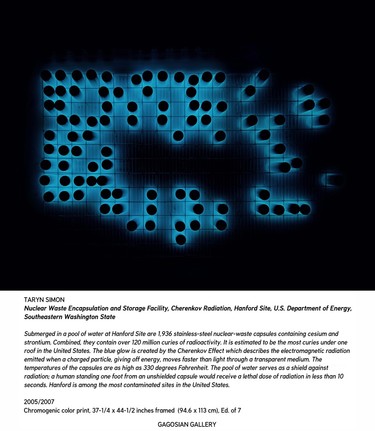 Taryn Simon Nuclear Waste Encapsulation and Storage Facility, Cherenkov Radiation, Hanford Site, U.S. Department of Energy, Southeastern Washington State 2005–7. Chromogenic colour print. © 2007/10 Taryn Simon. Courtesy Gagosian Gallery / Steidl