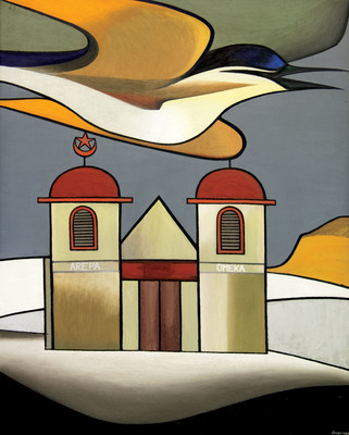 Don Binney 1940-2012, Kotare over Ratana Church, 1963, oil on board. Private Collection.