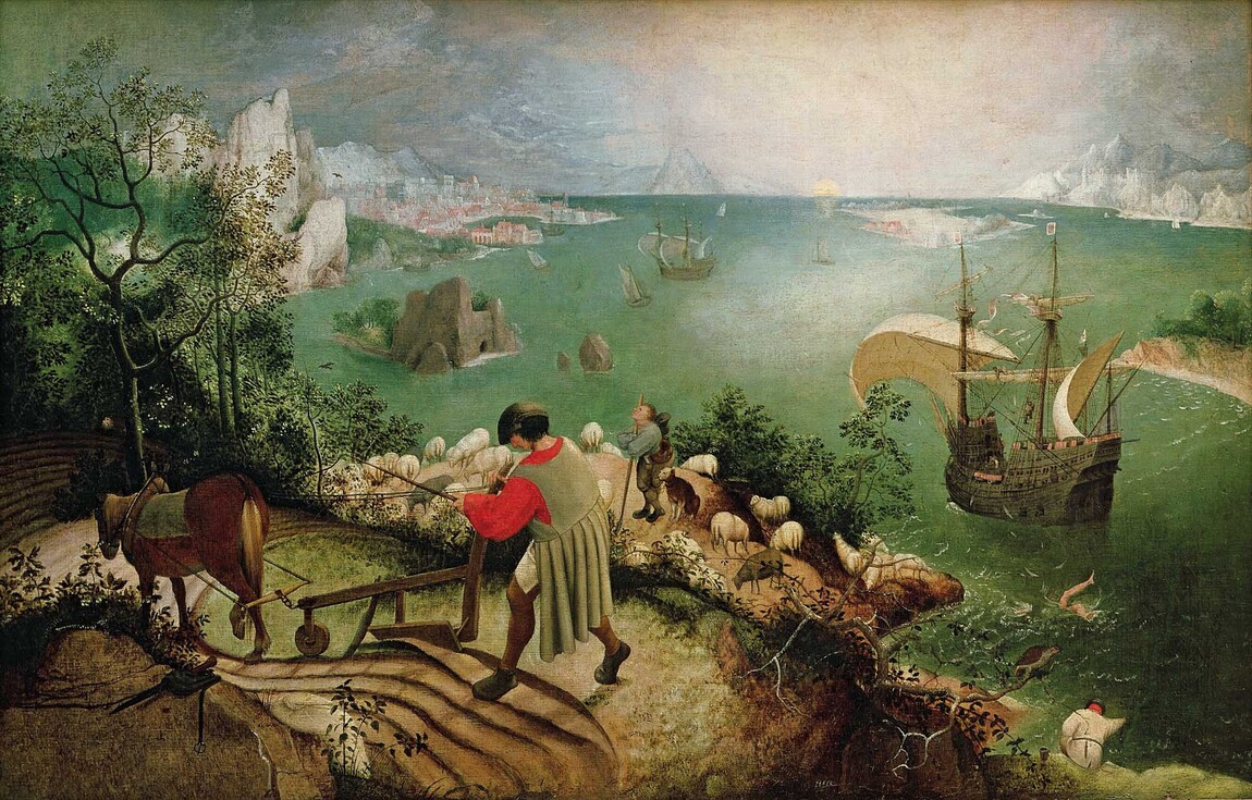 Pieter Bruegel the Elder Landscape with the Fall of Icarus c. 1558. Oil on canvas. Musees Royaux des Beaux-Arts de Belgique, Brussels, Belgium