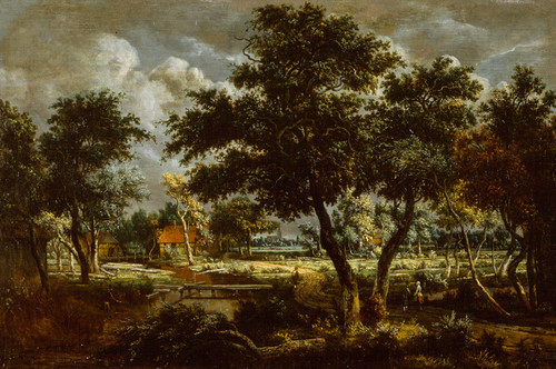Meindert Hobbema A wooded landscape with peasants on a path and an angler at a stream Collection of Christchurch Art Gallery Te Puna o Waiwhetū; Kathleen Stuart Hutton Bequest Fund, 1994