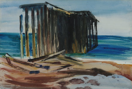 Doris Lusk Acropolis, Onekaka (The wharf) 1966. watercolour. Collection of Christchurch Art Gallery Te Puna o Waiwhetū, Lawrence Baigent / Robert Erwin bequest 2003