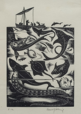 Robert Gibbings St Brendan and the Sea Monsters 1934. Woodcut. Collection of Christchurch Art Gallery Te Puna o Waiwhetū, Mrs Rosalie Archer. Reproduced courtesy of Reading University Library