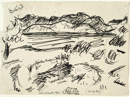 Toss Woollaston Sketch of Ruby Bay 1942. ink. Collection Christchurch Art Gallery Te Puna o Waiwhetū, presented by J. Livingstone 1978