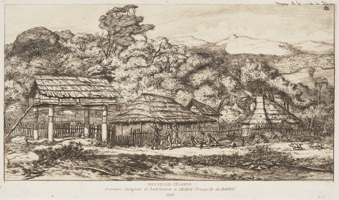 Charles Meryon Nouvelle-Zélande, Greniers Indigènes et Habitations à Akaroa (Presqu’île de Banks, 1845) 1860. Etching. Collection of Christchurch Art Gallery Te Puna o Waiwhetū, purchased 1972