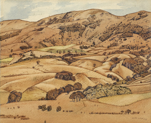 Rita Angus Akaroa Hills 1943. Watercolour. Collection of Christchurch Art Gallery Te Puna o Waiwhetū, N. Barrett Bequest Collection, purchased 2010  