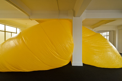 Seung Yul Oh, view of Huggong 2012, during installation. Vinyl/sheet rubber, air. Courtesy the artist and Starkwhite. Photo: John Collie