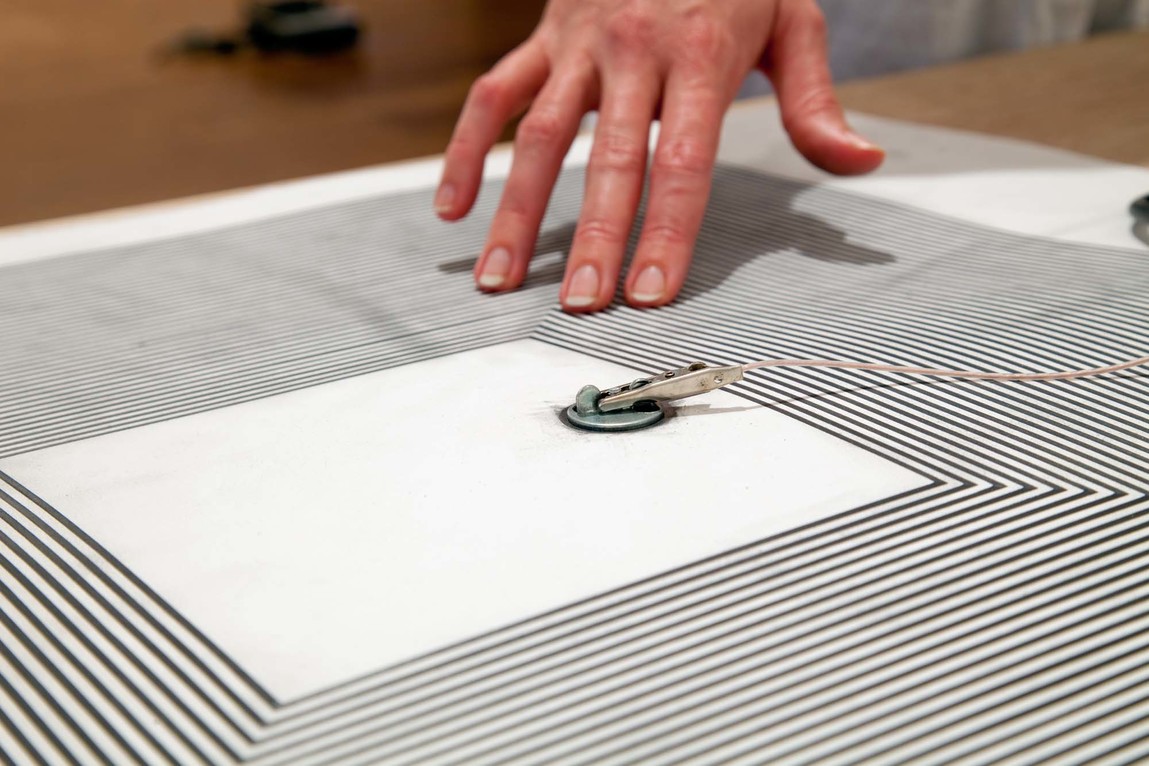 Joyce Hinterding Ulam VLF loop (graphite) 2009. Graphite, custom leads, mixer, headphones, ultrasonic speaker. Photo: Andrew Curtis