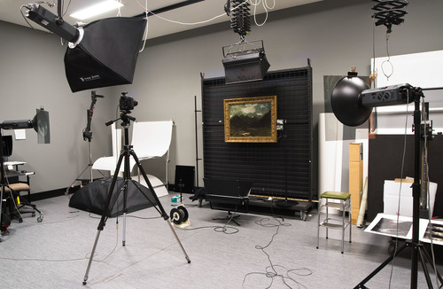 The studio setup, with Van der Velden's West Coast Ranges (1893) on the easel. Photo: John Collie