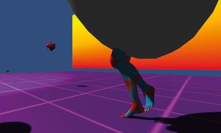 Judy Darragh and Sean Kerr In Kahoots (detail) 2019. Multimedia installation, sound, projected image, Realtime 3D, LED, mirror wall. Courtesy of the artists and Two Rooms, Auckland. With thanks to The University of Auckland Te Whare Wānanga o Tāmaki Makaurau