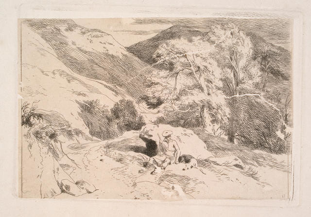 Seated figure in landscape