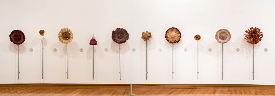 Julia Morison Teaching Aid #1: Appropriate brushes for large flower paintings 2001. String, plaster, resin, galvanised pipe and set of ten wall labels. Collection of Christchurch Art Gallery Te Puna o Waiwhetū, purchased 2008
