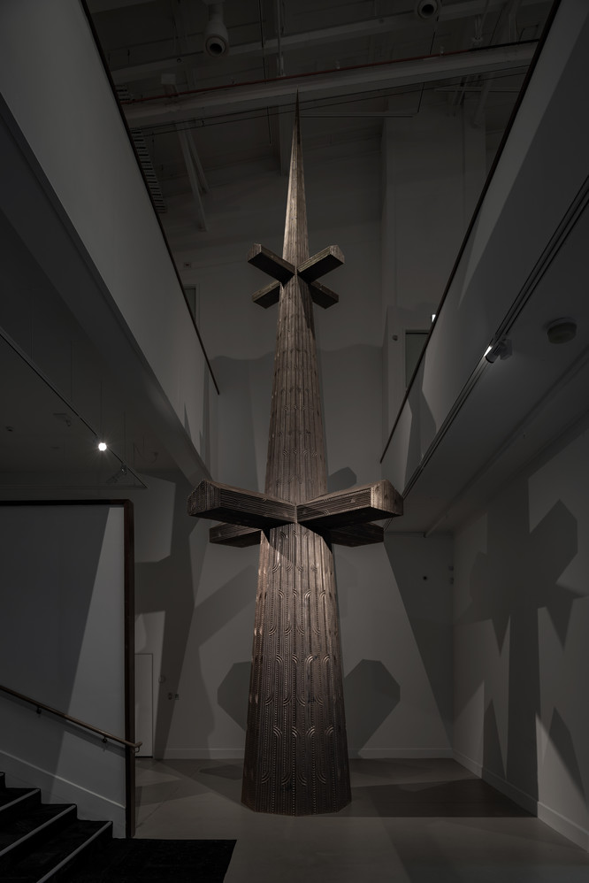 Brett Graham Cease Tide of Wrong-Doing 2020. Kauri panels on wood and metal structure. Courtesy of the artist and Bartley & Company Art. Photo: Neil Pardington.
