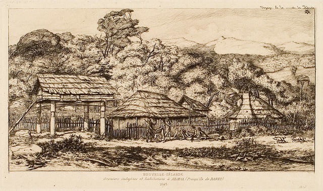 Nouvelle Zélande, Greniers indigènes et Habitations à Akaroa (Presqu’île de Banks, 1845