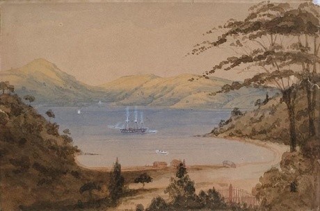 Sir William Fox Guards Bay and Rangiawa's grave, Port Underwood 1846. Watercolour. Collection of Christchurch Art Gallery Te Puna o Waiwhetū, donated by Christchurch City Libraries, 2005