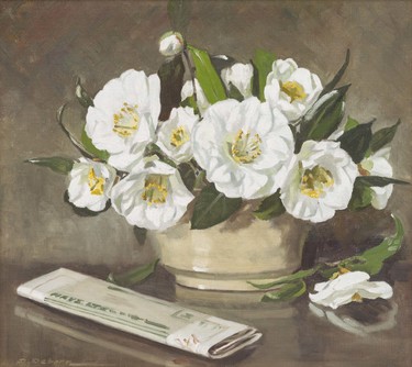 Daisy Osborn From My Garden – White Camellias c.1951. Oil on canvas. Collection of Christchurch Art Gallery Te Puna o Waiwhetū, presented by the artist, 1953