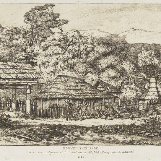 Charles Meryon NOUVELLE- ZÉLANDE Greniers indigènes et habitations à AKAROA (Presqu’île de Banks) 1845 1860. Etching. Collection of Christchurch Art Gallery Te Puna o Waiwhetū 1972