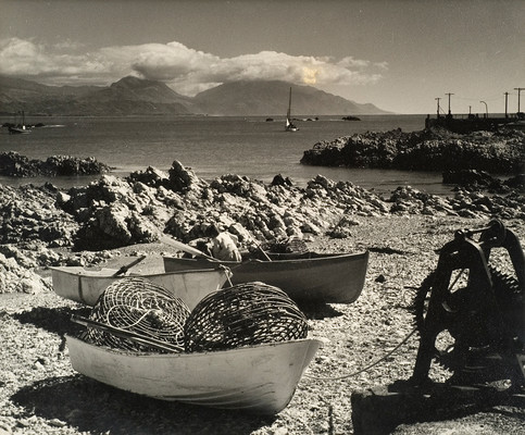 Rudolf Gopas Craypots and boats near old wharf, Kaikoura. Black and white photograph. Collection of Christchurch Art Gallery Te Puna o Waiwhetū, presented to the Gallery by Airini Gopas 1986. Reproduced with permission