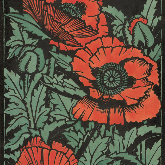 Francis A. Shurrock Poppies c.1929 Linocut and watercolourCollection of Christchurch Art Gallery Te Puna o Waiwhetū; purchased 2021