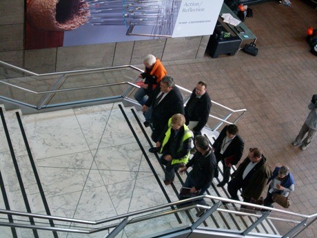 The Mayor, Chief Executive and Minister for Earthquake Recovery heading upstairs to the Roger Boyce exhibition gallery.