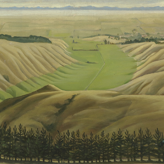 Doris Lusk Canterbury Plains from Cashmere Hills 1952. Oil on canvas board. Collection of Christchurch Art Gallery Te Puna o Waiwhetū 1974