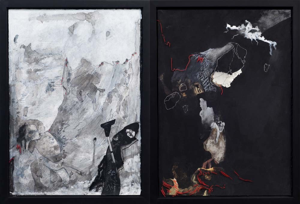 Edwards + Johann On the Seam of Things – Days and Knights 3 and 4 2013. Painting and drawing on glass over mixed media work on paper, unique diptych. Courtesy of the artists and Nadene Milne Gallery