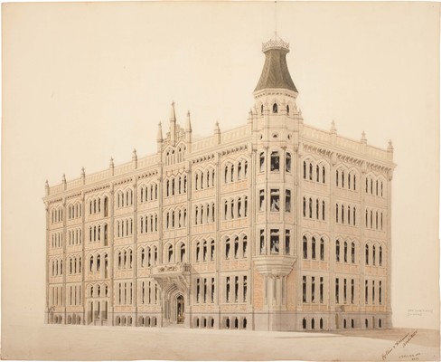 John Goddard Collins (Collins & Harman architects) The Press, perspective of new building c.1906. Pen and wash on paper. University of Canterbury, Macmillan Brown Library, Armson & Collins Collection MB1418/31564