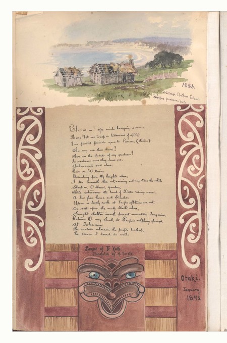 Margaret Stoddart The prisoners’ huts on Orea flat, overlooking Waitangi Bay, Chatham Islands, 1886 (above) with the Lament of Te Kooti, translated by H. Parata at Ōtaki, January 1893. Album 2, Canterbury Museum, 2015.115.3-4, p.1