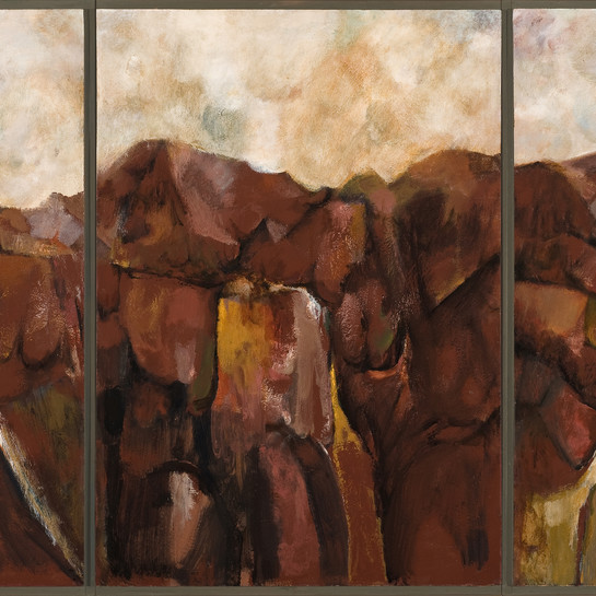 Quentin Macfarlane Hill Triptych. Duco on hardboard. Collection of Christchurch Art Gallery Te Puna o Waiwhetū, presented by the Friends of the Robert McDougall Art Gallery Inc. 1986